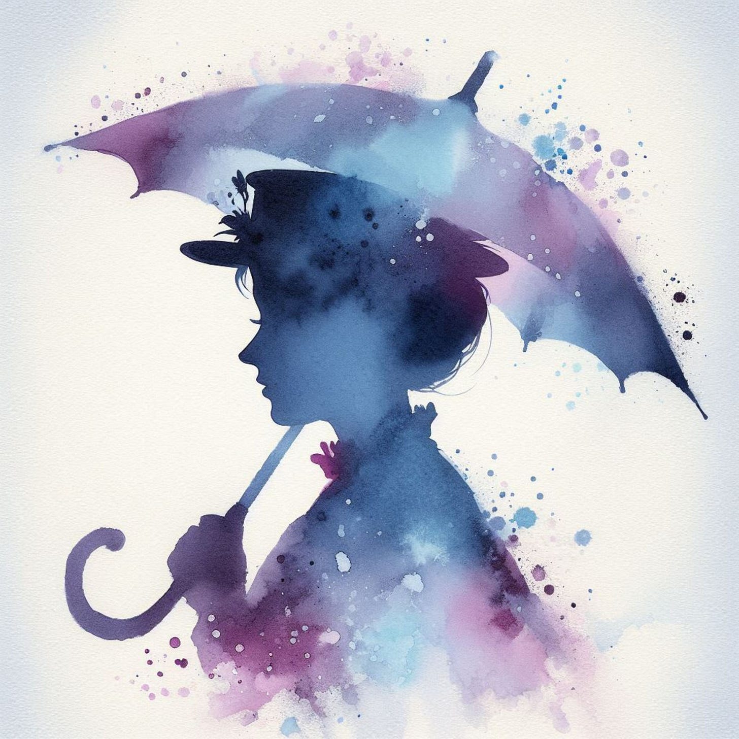 Watercolor-style silhouette of a woman holding an umbrella, reminiscent of Mary Poppins. The figure is painted in deep shades of blue, purple, and pink, with soft splashes and splatters surrounding her. She wears a hat adorned with flowers and a high-collared coat, and the umbrella is gently curved with hues blending into the background, creating a dreamy, whimsical effect. Watercolor-style silhouette of a woman holding an umbrella, reminiscent of Mary Poppins. The figure is painted in deep shades of blue, purple, and pink, with soft splashes and splatters surrounding her. She wears a hat adorned with flowers and a high-collared coat, and the umbrella is gently curved with hues blending into the background, creating a dreamy, whimsical effect.