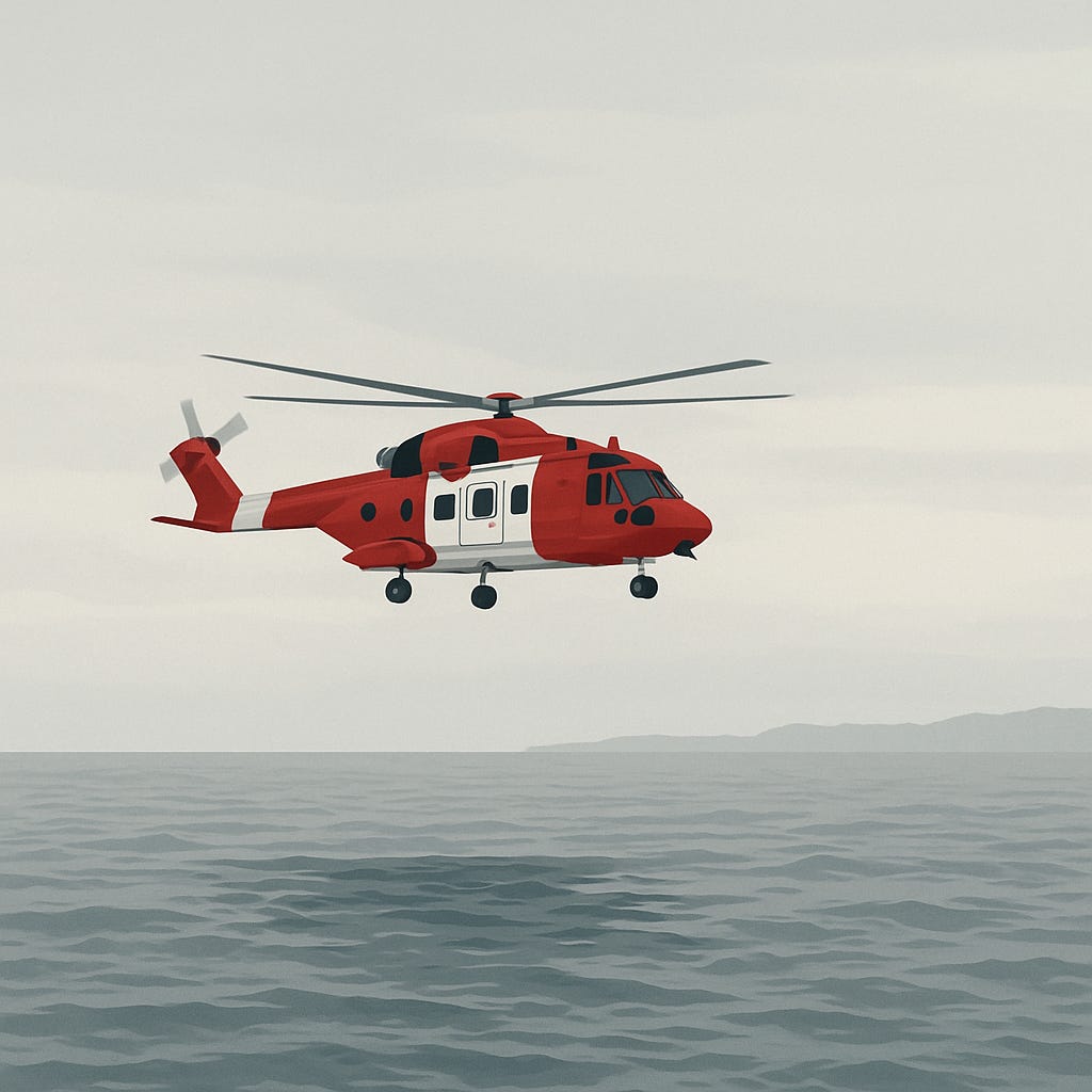 “Minimalist digital illustration of a red-and-white Canadian Search and Rescue helicopter hovering low over calm grey coastal waters, with a hazy shoreline in the distance. Muted tones evoke vigilance, readiness, and quiet urgency.”