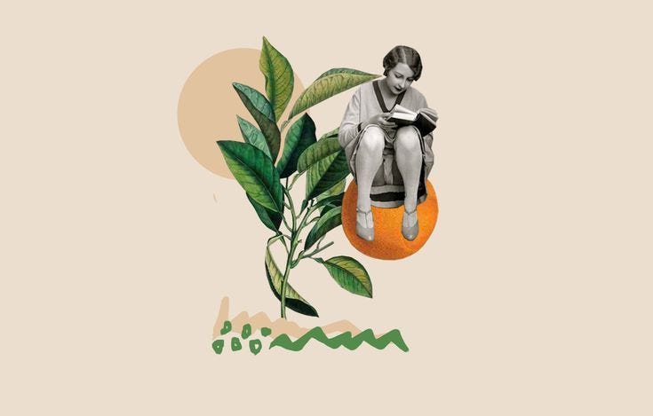 This may contain: a woman sitting on top of an orange surrounded by green leaves and watercolors