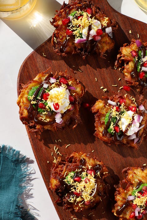 roasted squash; achari shrimp scampi; latke chaat