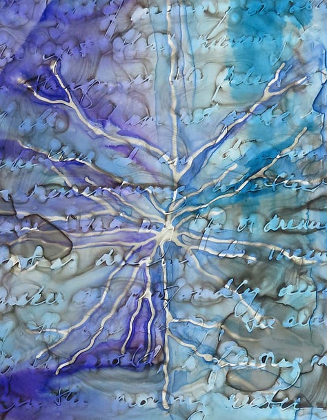 brain and neuron paintings in purple and blue ink, with text