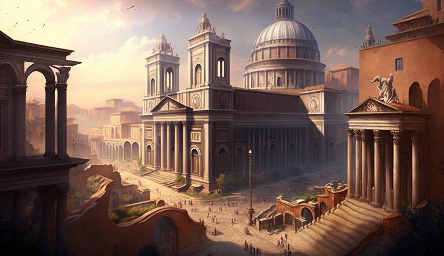 Midjourney prompt: all roads lead to rome during roman empire era majestic