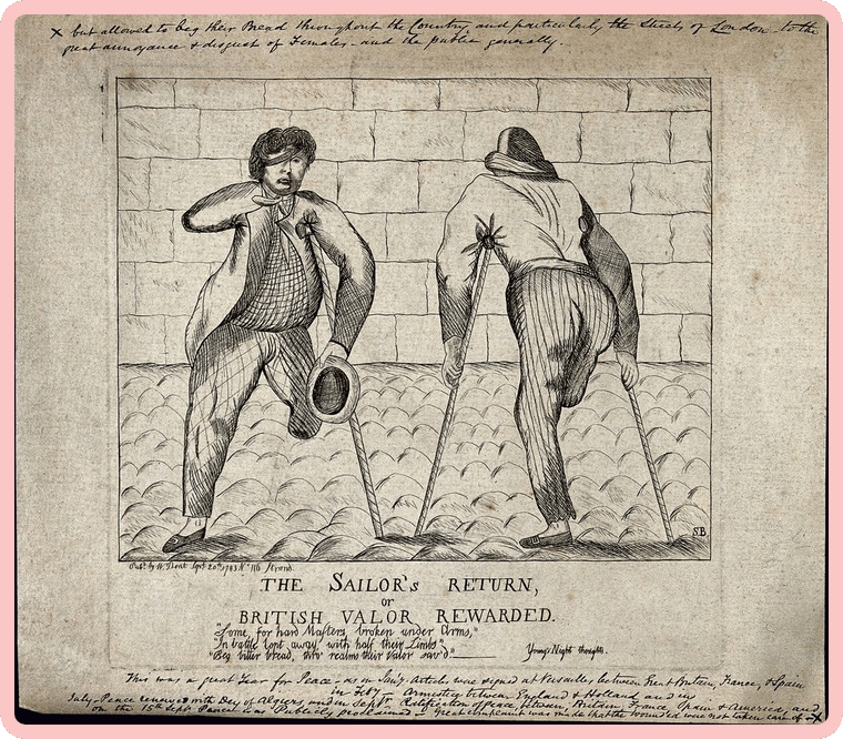A black-and-white illustration of two lower limb amputee men using crutches, and standing in front of a stone wall. One wears an eyepatch and is facing the viewer, and the other is standing with his back to us. Below the illustration, black capitalised writing reads “THE SAILOR’S RETURN or BRITISH VALOR REWARDED”, with smaller, unintelligible writing underneath. A black-and-white illustration of two lower limb amputee men using crutches, and standing in front of a stone wall. One wears an eyepatch and is facing the viewer, and the other is standing with his back to us. Below the illustration, black capitalised writing reads “THE SAILOR’S RETURN or BRITISH VALOR REWARDED”, with smaller, unintelligible writing underneath.