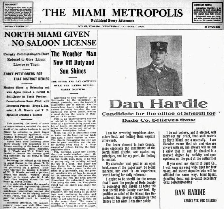 Composition of newspaper clippings of the end of the red-light district in North Miami and an ad for Dan Hardies run for Dade County Sheriff. Courtesy of the Miami Metropolis. Composition of newspaper clippings of the end of the red-light district in North Miami and an ad for Dan Hardies run for Dade County Sheriff. Courtesy of the Miami Metropolis.