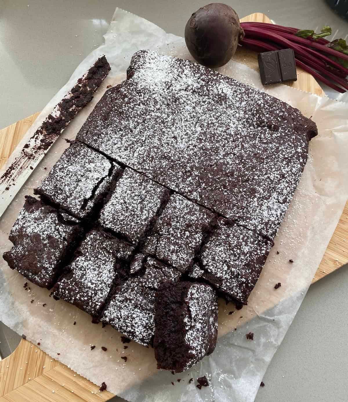 Beetroot and Chocolate brownies with slices cut out. Beetroot and Chocolate brownies with slices cut out.