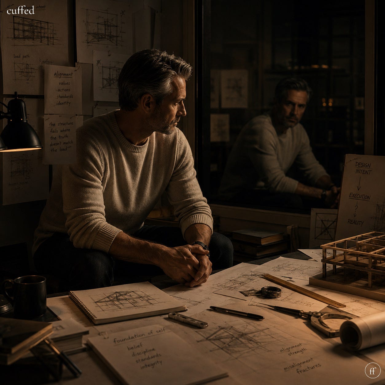 a man sits alone at a drafting table in a dimly lit studio, hands clasped, gazing into a dark window that reflects his own image back at him. architectural blueprints cover the table, handwritten with the words "foundation of self," "belief," "discipline," "standards," "integrity," "alignment," "misalignment," "fractures." pinned notes on the wall behind him read "alignment — values, actions, standards, identity" and "the structure fails where the truth doesn't match the load." a small wooden architectural model sits to his right. a diagram reads "design intent → execution → reality." warm chiaroscuro lighting. cream sweater. black serif "cuffed" top-left. fused ff logo bottom-right. masculine introspection. quote graphic for musing no. 104 — internal congruence. seo: masculine quote about self-awareness, internal conflict, identity, congruence, self-betrayal, architecture of self. a man sits alone at a drafting table in a dimly lit studio, hands clasped, gazing into a dark window that reflects his own image back at him. architectural blueprints cover the table, handwritten with the words "foundation of self," "belief," "discipline," "standards," "integrity," "alignment," "misalignment," "fractures." pinned notes on the wall behind him read "alignment — values, actions, standards, identity" and "the structure fails where the truth doesn't match the load." a small wooden architectural model sits to his right. a diagram reads "design intent → execution → reality." warm chiaroscuro lighting. cream sweater. black serif "cuffed" top-left. fused ff logo bottom-right. masculine introspection. quote graphic for musing no. 104 — internal congruence. seo: masculine quote about self-awareness, internal conflict, identity, congruence, self-betrayal, architecture of self.