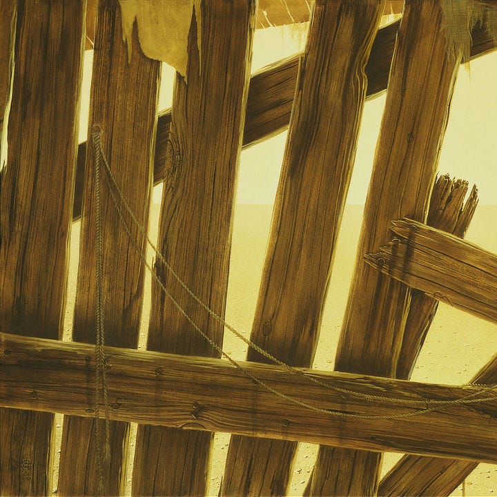 LEFT: Detail from THE WAY STATION featuring the left side of the painting. The yellow desert is visible through gaps in the weathered boards. Tattered cloth hangs on the upper edge. Thin rope is tacked to a vertical board with the ends dangling down and the rest hanging in a loose arc that descends to the support board. None of the board, including the horizontal support, are straight giving the impression that the building was slapped together long ago and hasn't aged well.  RIGHT: Detail from THE WAY STATION featuring Roland and Jake through an opening that is roughly square but impeded by boards. Jake glances back as they go. Decaying cloth dangles into the opening. Both sand and sky are pale yellow as if everything beyond the wall has been baked by the desert sun.