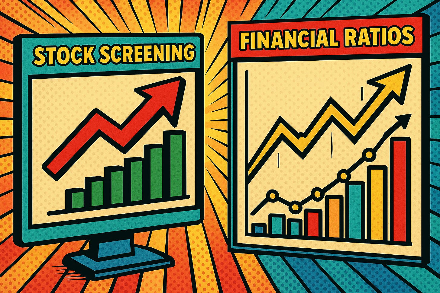 Screening boursier style pop-art avec graphiques et ratios financiers