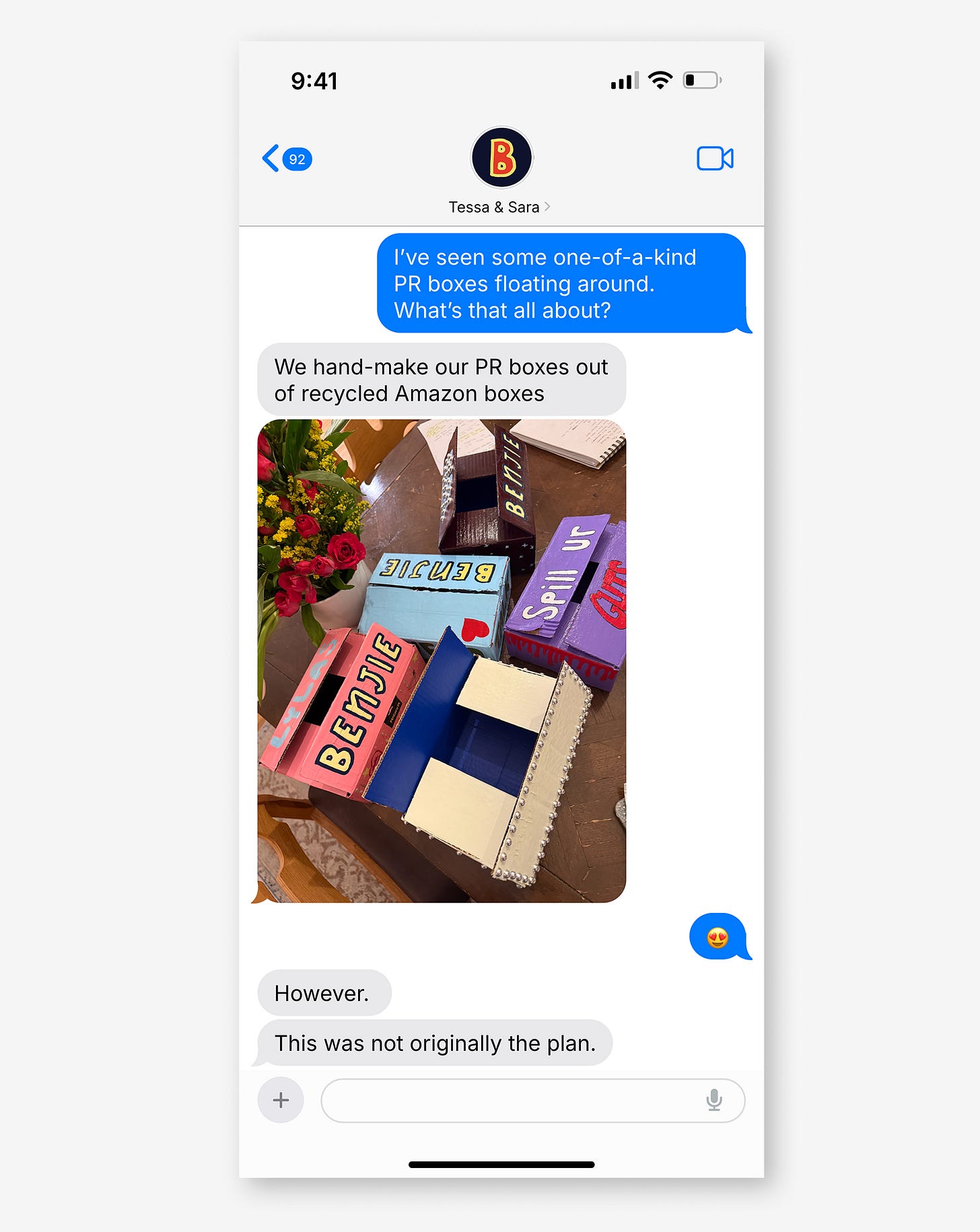 iPhone text conversation showing handmade Benjie PR boxes made from recycled Amazon boxes, with the founders explaining the boxes were not  originally the plan