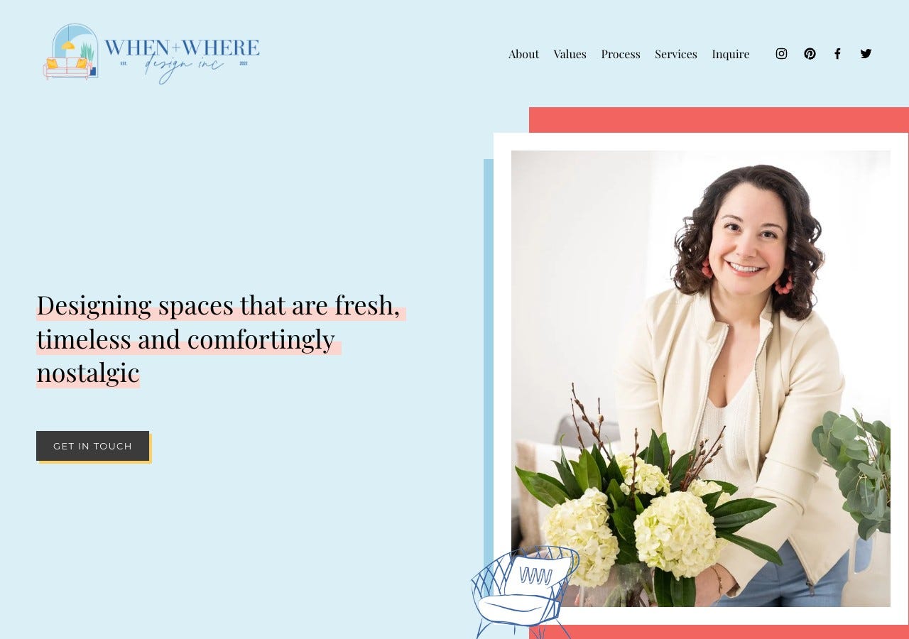 When + Where Design Inc. studio homepage showing founder Amanda Ferguson and the tagline Feel at home the moment you walk through the door.