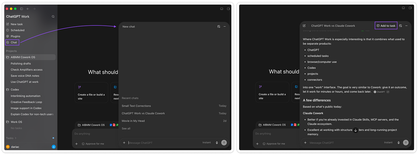 Two-panel view of the ChatGPT desktop app: the Chat button in the sidebar opening the floating chat window, and the Add to task button that references a quick chat inside a Work or Codex task.