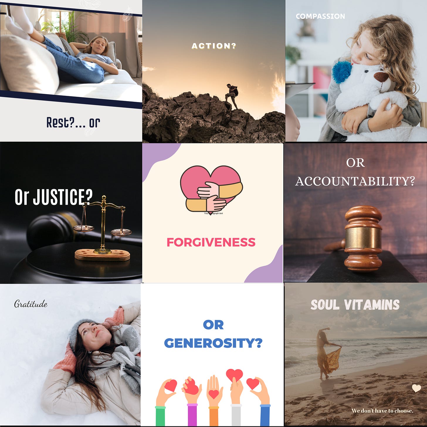 The eight soul vitamins, listed below, are presented with graphic images in a 3x3 grid. The ninth box says "Soul Vitamins."