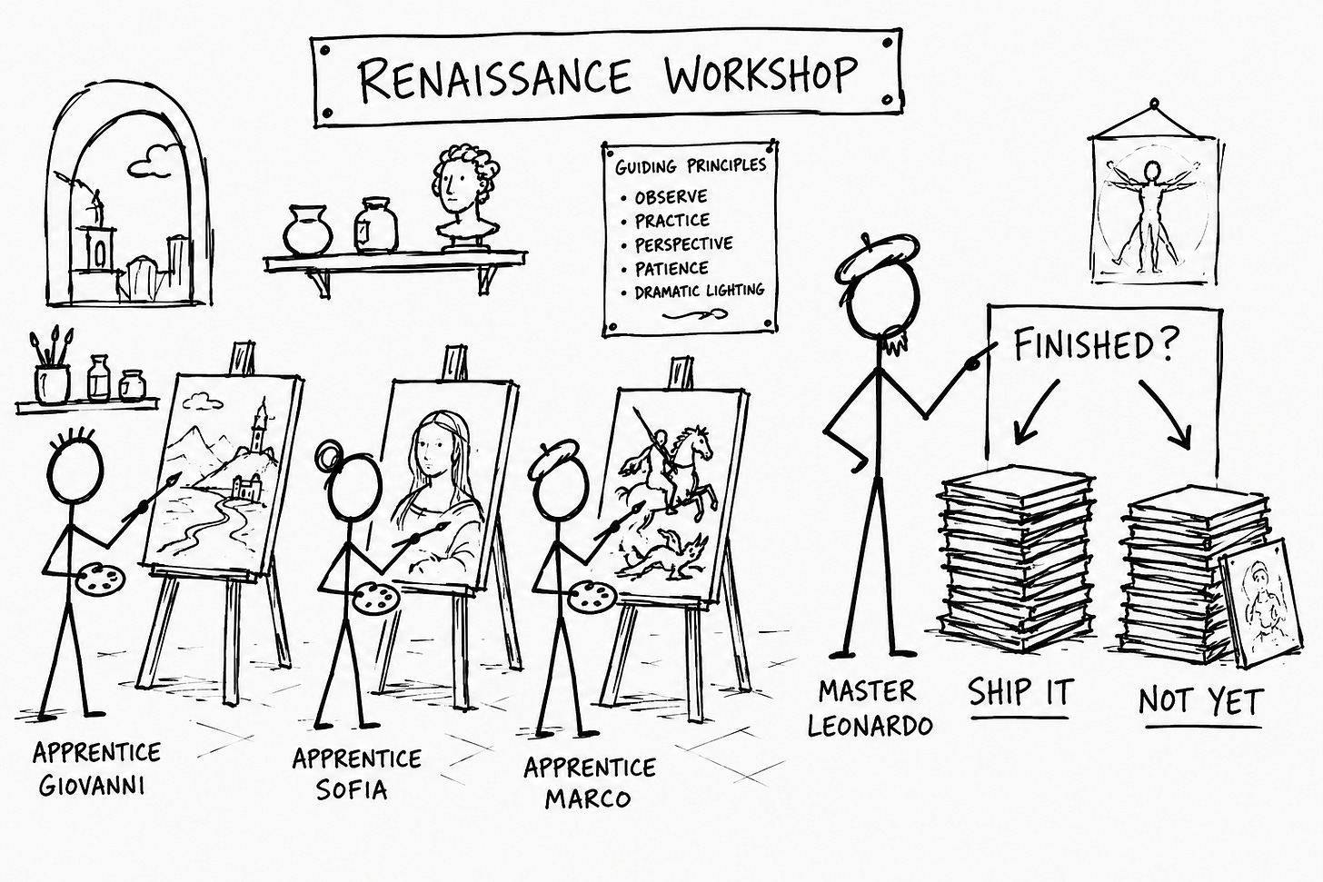 Hand-drawn black-marker whiteboard sketch of a Renaissance Workshop with three stick-figure apprentices (Giovanni, Sofia, Marco) painting at easels while Master Leonardo points to two stacks of canvases labeled SHIP IT and NOT YET. Illustrates the guardian of taste role missing from most AI content workflows: editorial judgment is what separates AI-assisted writing from generic AI output.