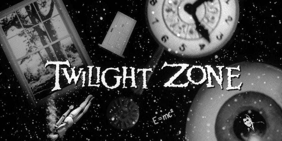 Image of the words "Twilight Zone" against an outer space background with a doll, clock, eyeball, window, and door superimposed.
