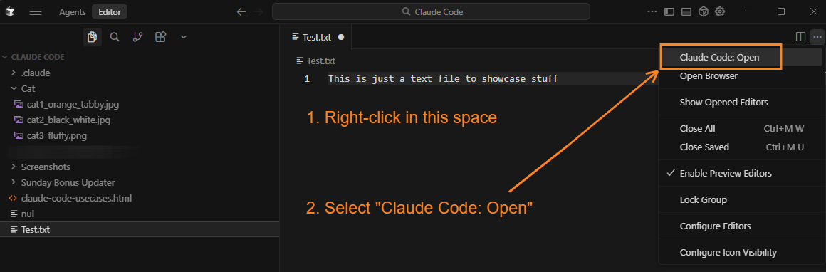 Annotated VS Code editor showing right-click menu with “Claude Code: Open” selected, demonstrating how to launch Claude Code with skills and MCPs from a project file