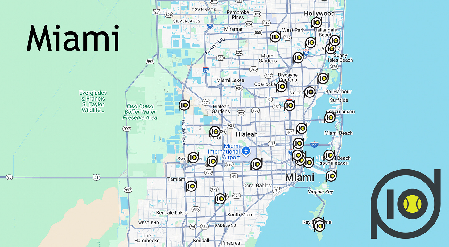 Map showing padel clubs in Miami