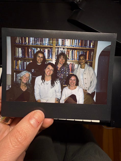 pictures of several women writers in residence at hedgebrook, either walking through the woods or gathered around a bookcase