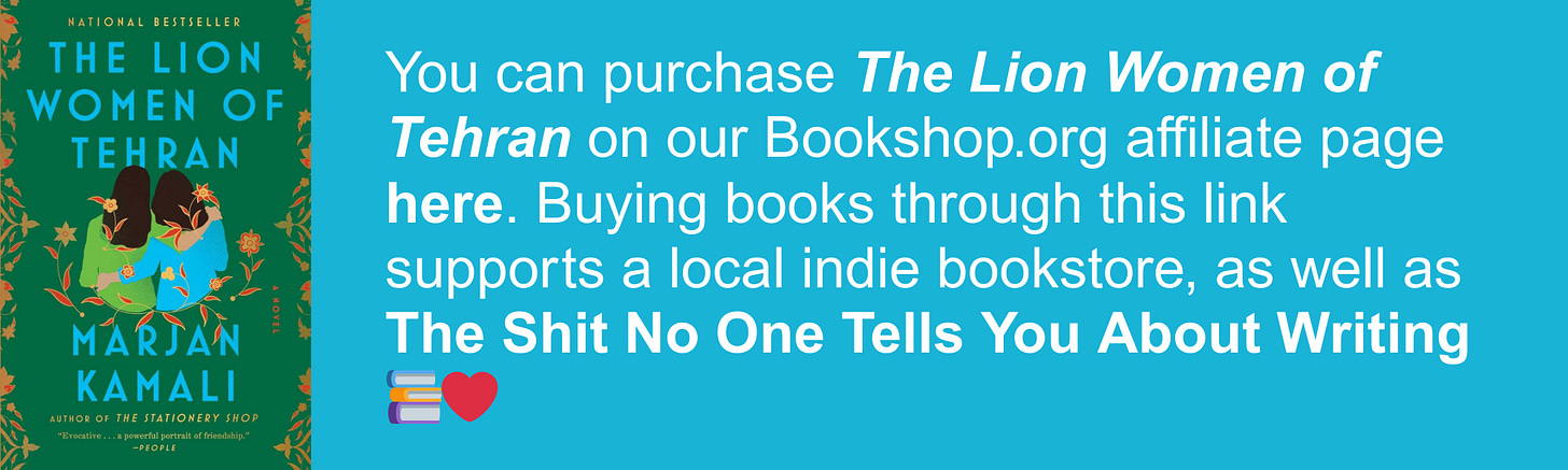 You can purchase The Lion Women of Tehran on our Bookshop.org affiliate page here. Buying books through this link supports a local indie bookstore, as well as The Shit No One Tells You About Writing 📚❤️
