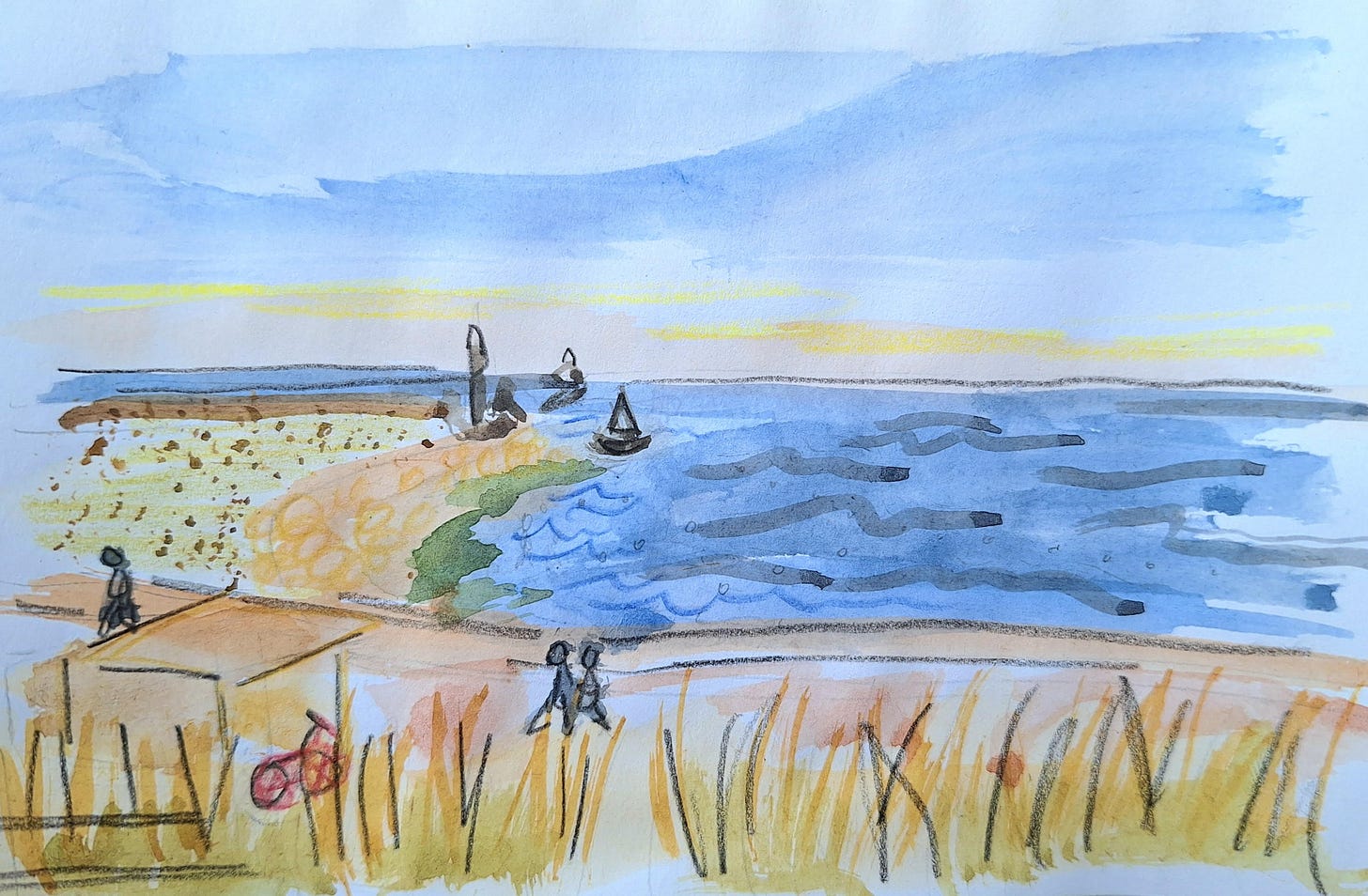 Watercolour sketch of Le Havre seaside.  Lighthouse in the distance, the beach and promenade in the foreground.