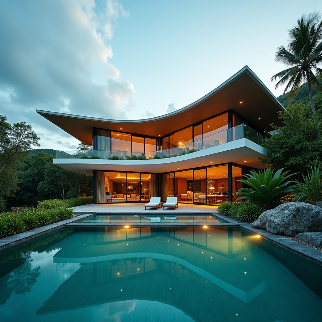 A luxurious modern home in Jamaica, set against a vibrant island backdrop, with a striking Cross hipped roof that blends seamlessly into the lush surroundings. The camera, a V-Raptor XL, captures the scene in breathtaking cinematic detail, with a warm film grain that evokes the feel of 35mm film.