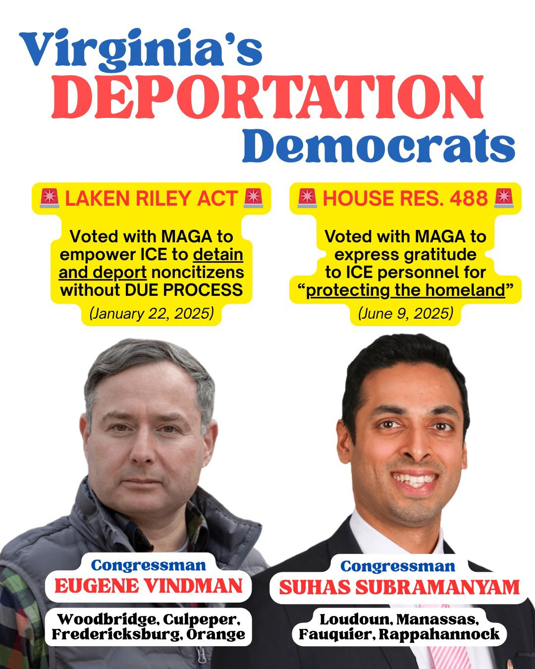 Virginia's
DEPORTATION
Democrats
LAKEN RILEY ACT
墨 HOUSE RES. 488盅
Voted with MAGA to empower ICE to detain and deport noncitizens without DUE PROCESS
(January 22, 2025)
Voted with MAGA to express gratitude to ICE personnel for
"protecting the homeland"
(June 9, 2025)
Congressman
EUGENE VINDMAN
Woodbridge, Culpeper, Fredericksburg, Orange
Congressman
SUHAS SUBRAMANYAM
Loudoun, Manassas, Fauquier, Rappahannock