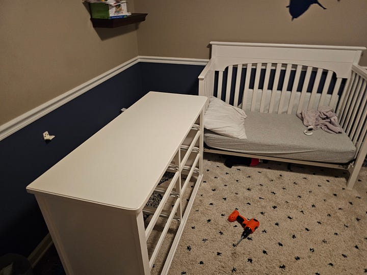 4 pictures that show a nursery with crib and the transition into a full size bed ending with the oldest child playing legos in his new room.