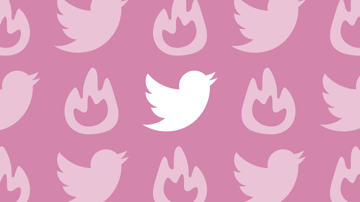 The Twitter logo surrounded by flames over a pink background