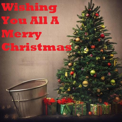 A bucker beside a xmas tree