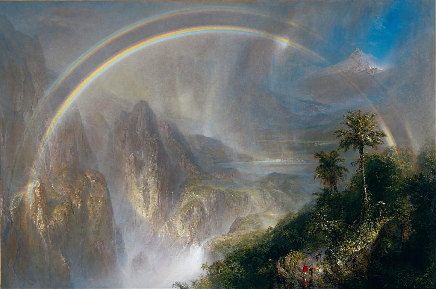 Church's Rainy Season in the Tropics: a rainbow over a misty gorge between rocky peaks and jungle, with a shower on the left Church's Rainy Season in the Tropics: a rainbow over a misty gorge between rocky peaks and jungle, with a shower on the left