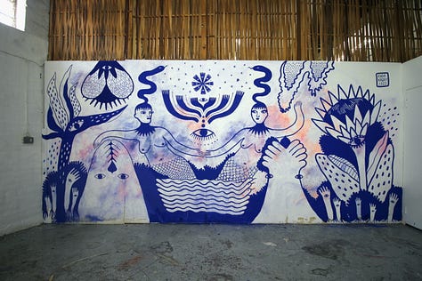 Rana Kadry,1 - 4 Labour mon Amour exhibition, Candyland, Stockholm, 2023-24; 5 - 6 Mural at The Bag Factory, Johannesburg, 2023; 7 Illustrations for Rumpelstilzchen publication, Germany, 2020; 8 Stills and clips from my short film Woman Is My Last Name, 2022; 9 Painting for Salong Sergel, Stockholm, 2021