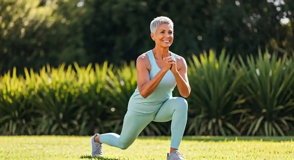 Celebrating Vitality: Fitness After Fifty A joyful woman in her 60s with short gray hair lunges outdoors in cozy athletic wear, exuding health and vigor.