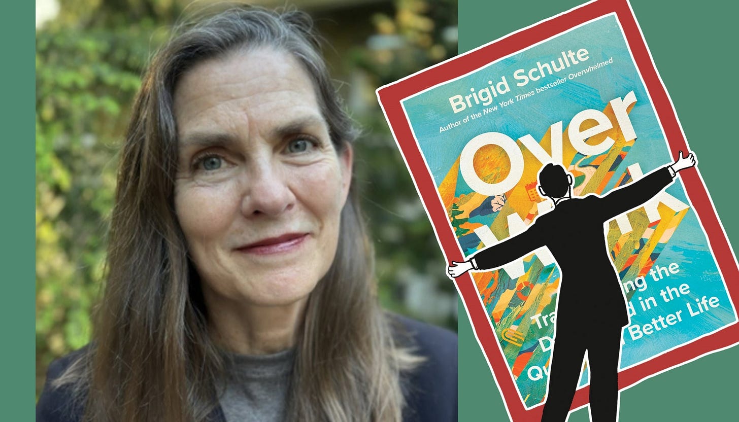 A profile photo of Brigid Schulte and the cover of "Over Work."