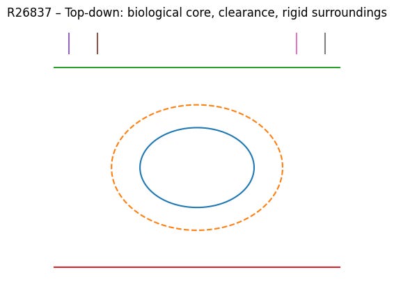 Top-down environment map – biological footprint, clearance zone around it, and low rigid forms aligned along the main axis, plus distant vertical elements.