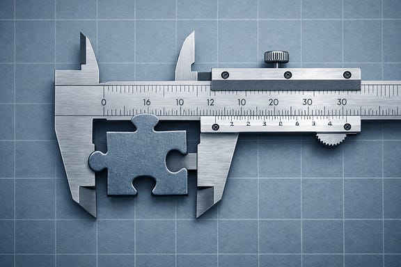 A puzzle piece measured against an empty grid, symbolizing a job broken down into isolated, tradeable skills.