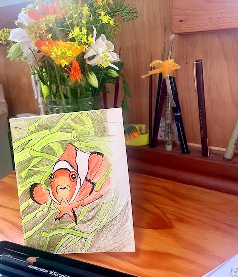 drawing of a clownfish in a sea anemone