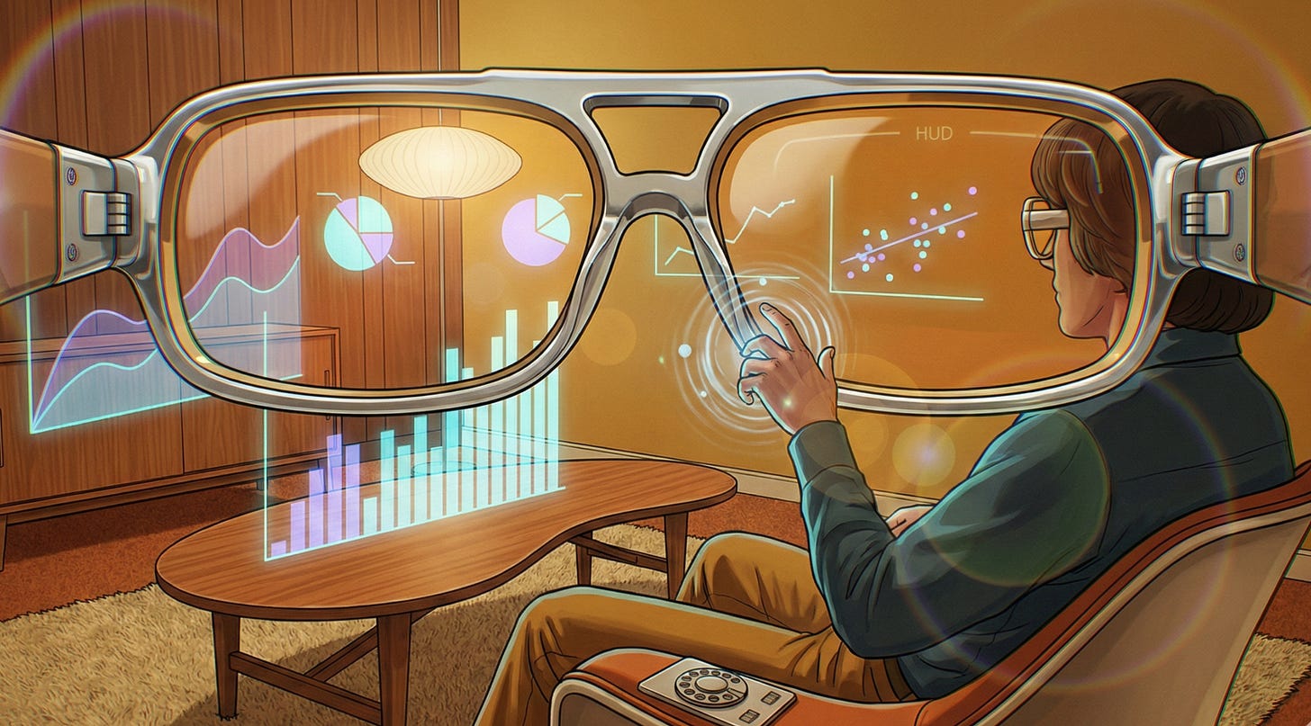 Retro futuristic illustration of a person wearing augmented reality glasses viewing holographic data dashboard charts