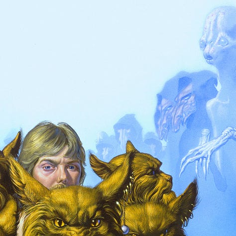 LEFT: Detail from THE PRIDE OF CHANUR featuring a group of aliens with cat heads and tawny fur standing close guard around a human alien who can only be seen from the mustache up. The art has a very 70s vibe from the hairstyle of the man, parted bangs and long on the sides, to the shiny chrome blaster the lead Hani is holding. CENTER: Close detail from THE PRIDE OF CHANUR featuring the haggard face of the human male modeled after the artist. The lids of his blue eyes look heavy and there is a pronounced “bag” under one eye. The faces of the Hani are detailed with long fur on the cheeks and rumpled fur on their snouts. One has a series of rings on its points ear that includes a shiny ball dangling from a chain on one. RIGHT: Background detail from THE PRIDE OF CHANUR featuring aliens arranged in a descending arc from right to left. The first has a bulbous head, round eyes set low and protruding, and its mouth puckered in an O. Long slender hands are crossed in front of it. The rest of the figures are hooded with long dragon-like snouts protruding out. The figures are rendered tonally blue and subtle purple against desaturated blue.