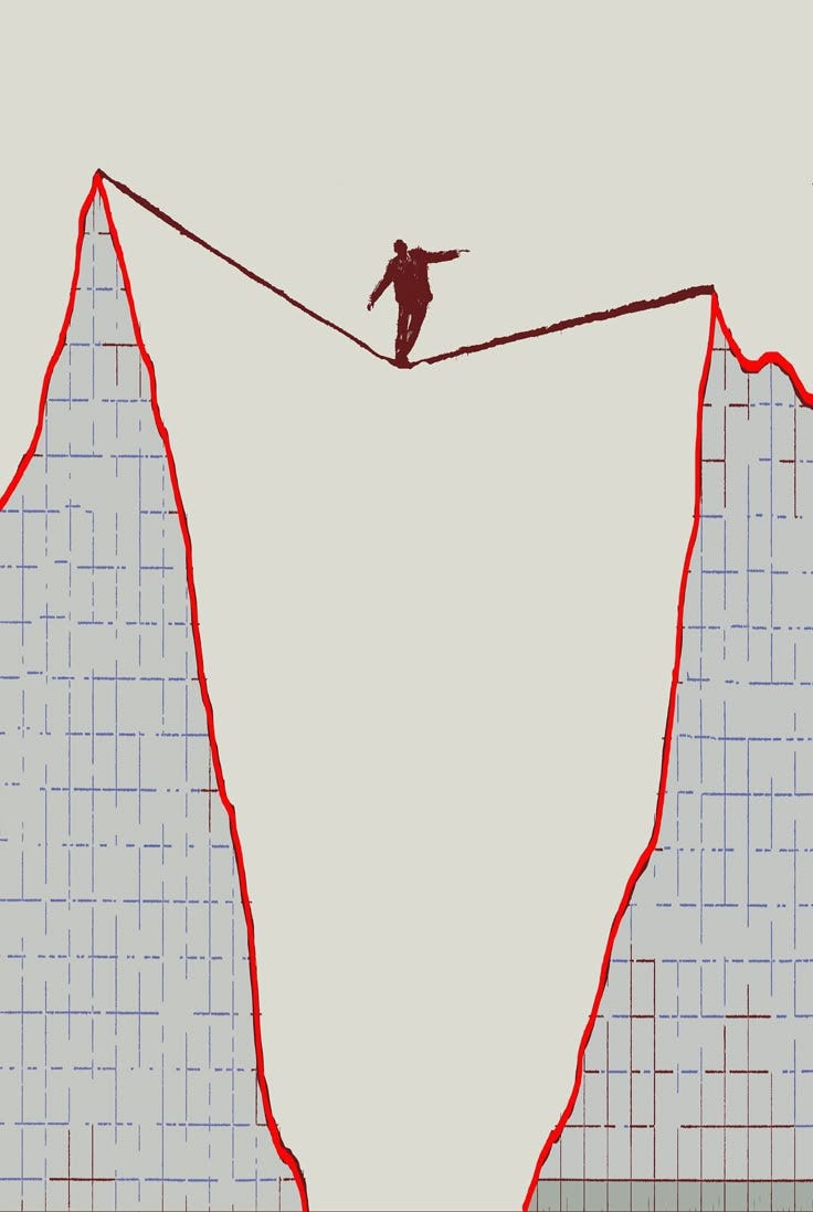 This may contain: a man walking across a tightrope between two mountains This may contain: a man walking across a tightrope between two mountains