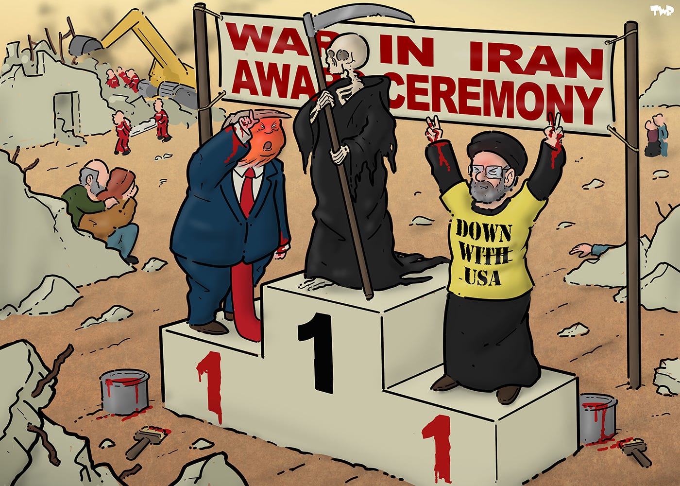 Cartoon showing a winners podium with a banner behind it that reads: 'War in Iran - Award ceremony'. The Grim Reaper stands on top in 1st place, while Trump and Mojtaba Khamenei stand on either side him, lower, as runners-up. Trump is making a loser sign with his hand towards Khamenei, while Khamenei has both his hands raised making the 'v' of victory. Both Trump and Khamenei have painted a '1' on their place on the winners podium, using red paint (or blood), which has also stained their hands. In the background we see the devastation of war.