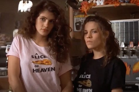 A food critic tries the famous Mystic Pizza, with Julia Roberts in Mystic Pizza (1988)| Film Flavor: A Newsletter Surveying Food in Film