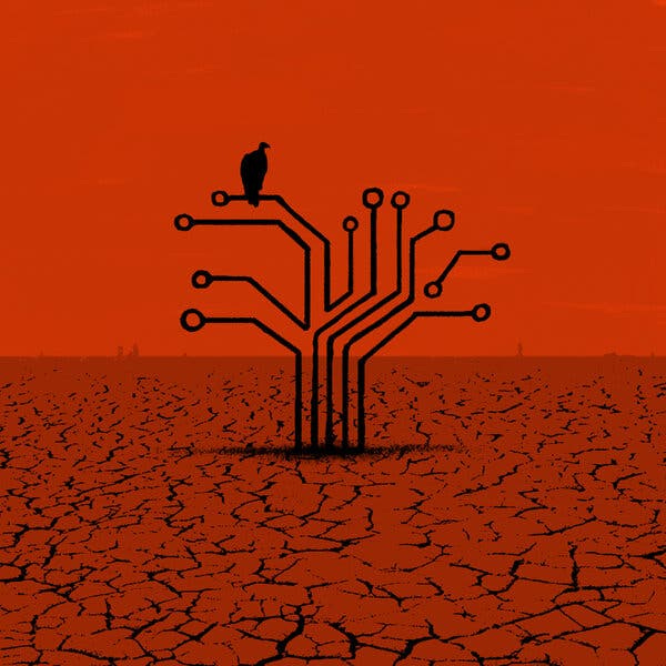 An illustration shows a vulture standing on top of a circuit board.