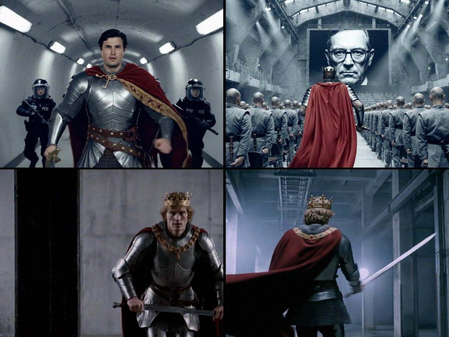 Four early renders of King Arthur, each with a different face, and the crown missing in one
