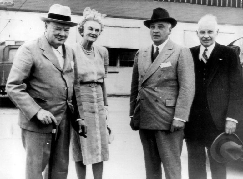 Figure 1: From left to right: Winston and Clementine Churchill, Marshall Field II, and Colonel Frank Clarke returning from Washington D.C. on February 12, 1946. Figure 1: From left to right: Winston and Clementine Churchill, Marshall Field II, and Colonel Frank Clarke returning from Washington D.C. on February 12, 1946.