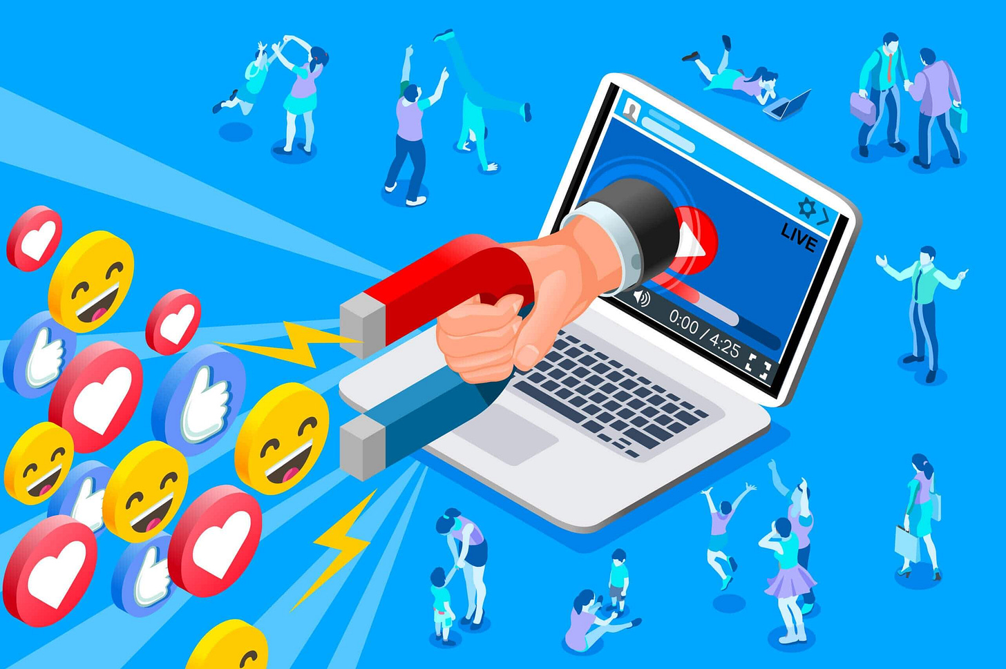 Illustration showing a magnet pulling social media reactions such as likes, hearts, and emojis from a laptop screen — symbolizing organic virality through emotional engagement and user sharing in SaaS products. Illustration showing a magnet pulling social media reactions such as likes, hearts, and emojis from a laptop screen — symbolizing organic virality through emotional engagement and user sharing in SaaS products.