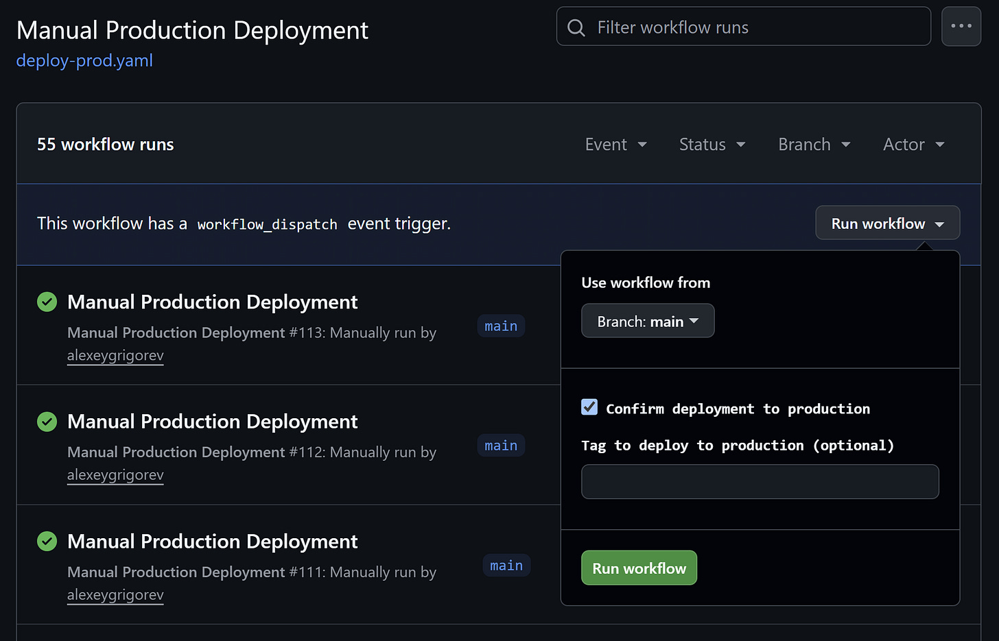A manual production deployment workflow with a confirmation checkbox and an optional release tag