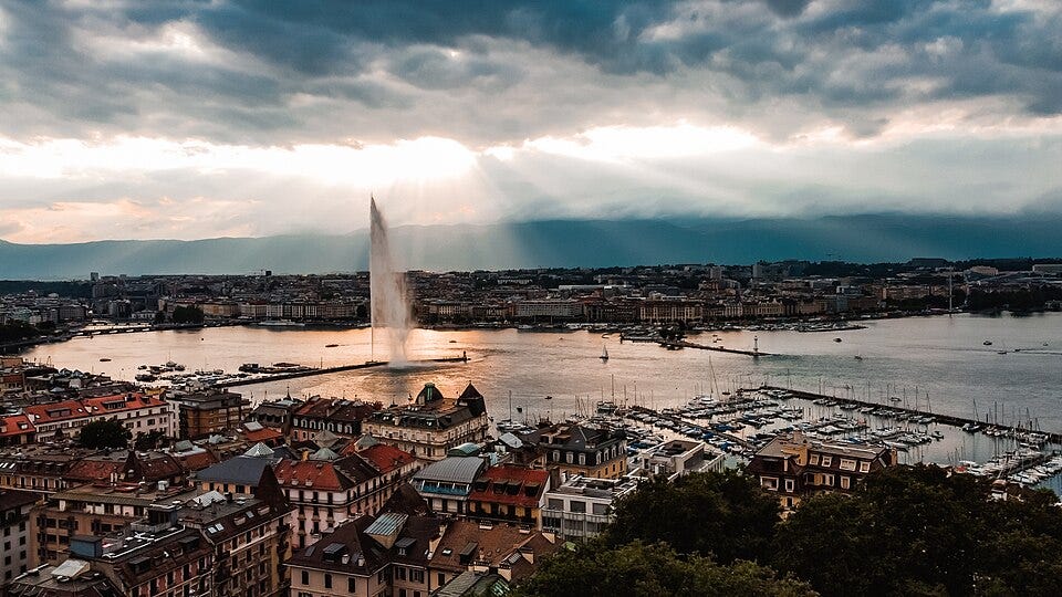 Aerial view by drone of Geneva, Switzerland.