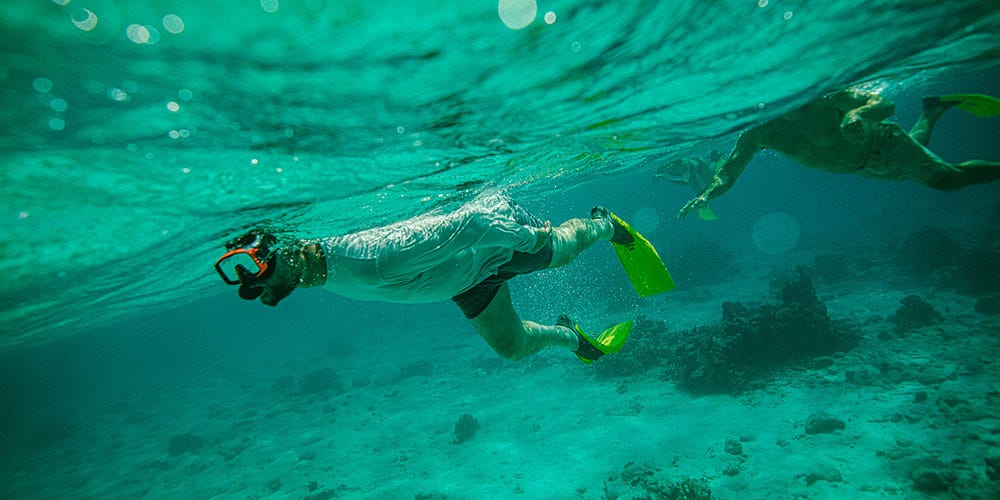 Two men snorkeling underwater