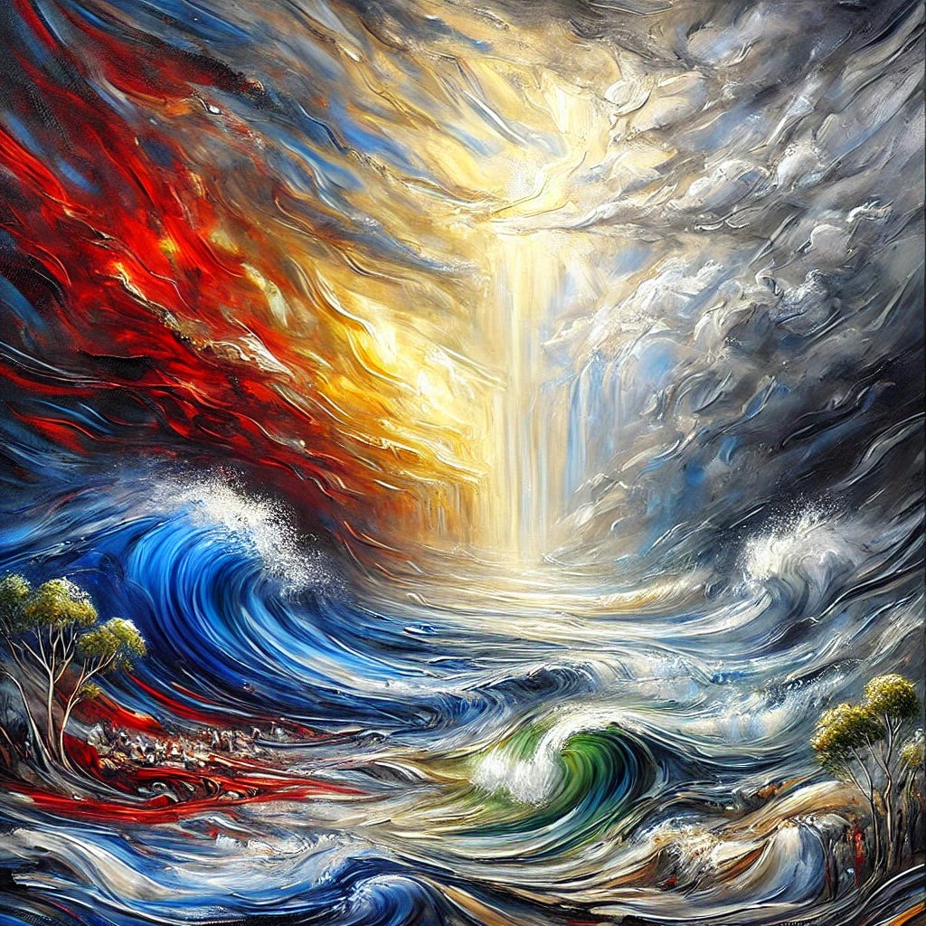 An impressionist oil painting depicting Australia's response to the pandemic through abstract symbolism. The scene features vibrant, bold brushstrokes representing tension and conflict: swirling waves of deep blue and red clashing in a turbulent sea. Overhead, stormy skies of grey and silver transition to streaks of golden sunlight breaking through, symbolizing emerging awareness and hope. The background subtly hints at iconic Australian landscapes—rolling hills and eucalyptus trees—blending into the chaos. The composition conveys themes of upheaval, resilience, and the pursuit of clarity amid uncertainty. An impressionist oil painting depicting Australia's response to the pandemic through abstract symbolism. The scene features vibrant, bold brushstrokes representing tension and conflict: swirling waves of deep blue and red clashing in a turbulent sea. Overhead, stormy skies of grey and silver transition to streaks of golden sunlight breaking through, symbolizing emerging awareness and hope. The background subtly hints at iconic Australian landscapes—rolling hills and eucalyptus trees—blending into the chaos. The composition conveys themes of upheaval, resilience, and the pursuit of clarity amid uncertainty.