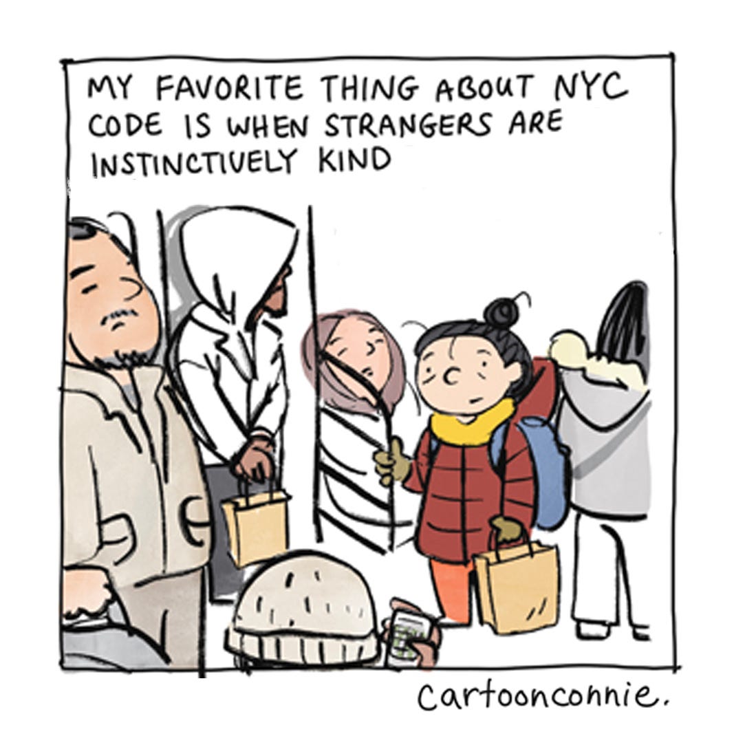 Panel 6 from a 6-panel autobio comic about riding a crowded subway on a freezing cold night in New York City and small gestures of city dwellers who make room for each other. Titled "New York City Code," original art by Connie Sun, cartoonconnie, 2026. Panel 6 from a 6-panel autobio comic about riding a crowded subway on a freezing cold night in New York City and small gestures of city dwellers who make room for each other. Titled "New York City Code," original art by Connie Sun, cartoonconnie, 2026.
