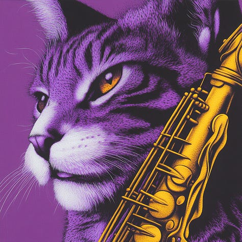 Kitty Music: First image is the reference for generating the other two images in Midjourney with the prompt below